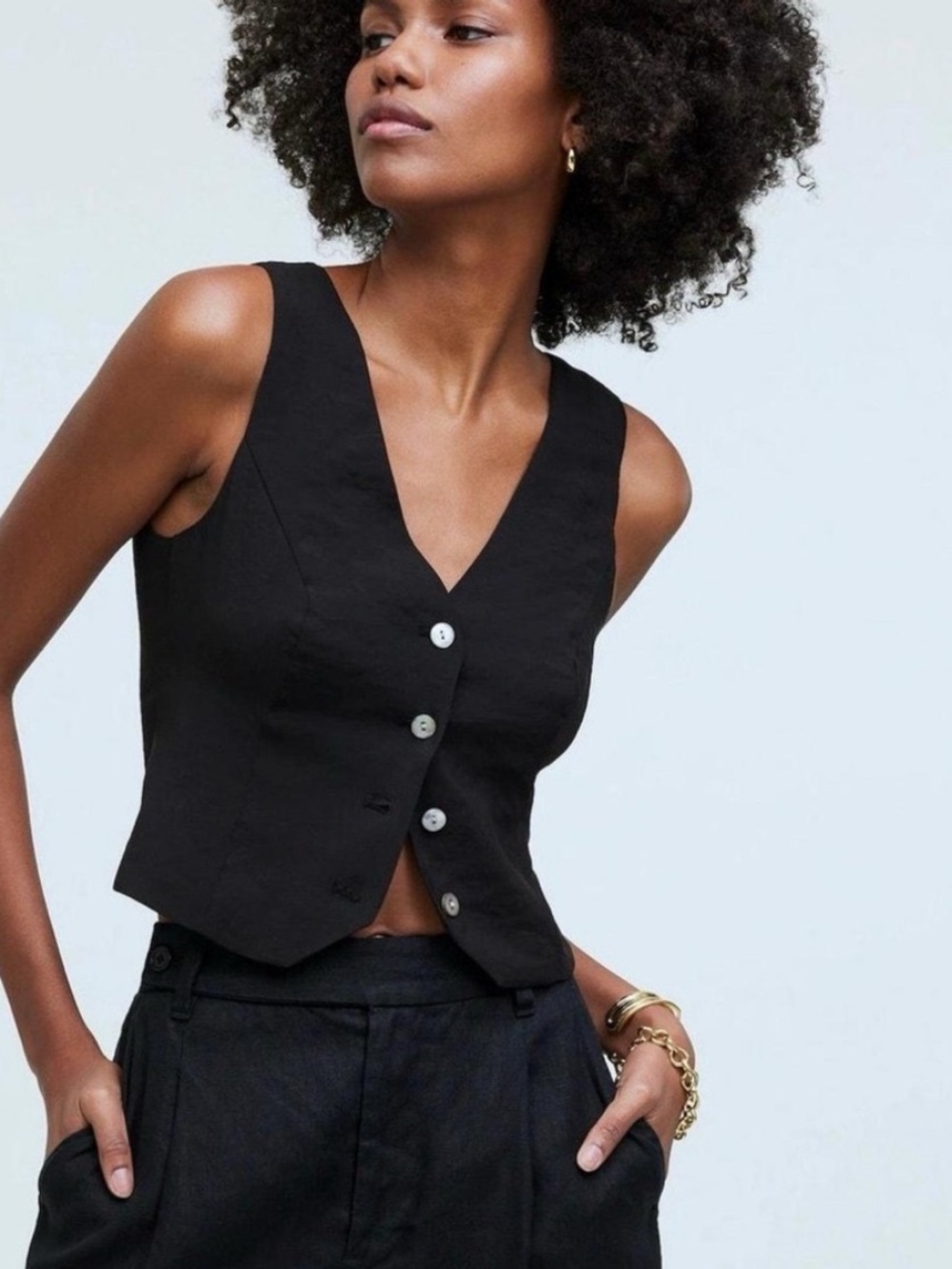 Madewell Katrina Button Front Vest 6 Black Linen Blend Workwear Dark Academia